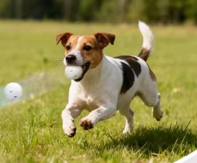Dog running with a ball